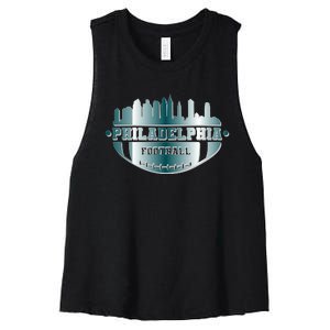 Philadelphia Skyline Shaped Into Football Women's Racerback Cropped Tank