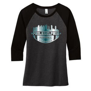 Philadelphia Skyline Shaped Into Football Women's Tri-Blend 3/4-Sleeve Raglan Shirt