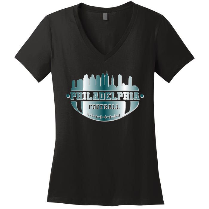 Philadelphia Skyline Shaped Into Football Women's V-Neck T-Shirt