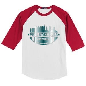 Philadelphia Skyline Shaped Into Football Kids Colorblock Raglan Jersey