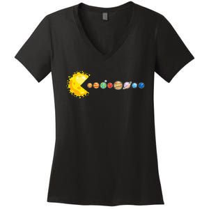 Planetary System Star Eating Planets Sun Funny Astronomy Women's V-Neck T-Shirt