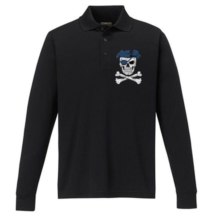 Pirate Skull Scary Halloween Crossbones Eye Patch Performance Long Sleeve Polo