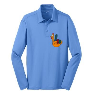 Peace Sign Turkey Hand Cool Thanksgiving Hippie Silk Touch Performance Long Sleeve Polo