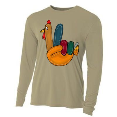 Peace Sign Turkey Hand Cool Thanksgiving Hippie Cooling Performance Long Sleeve Crew