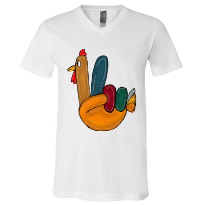 Peace Sign Turkey Hand Cool Thanksgiving Hippie V-Neck T-Shirt