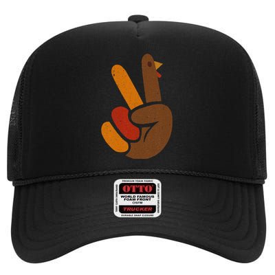 Peace Sign Turkey Hand Cool Thanksgiving High Crown Mesh Back Trucker Hat