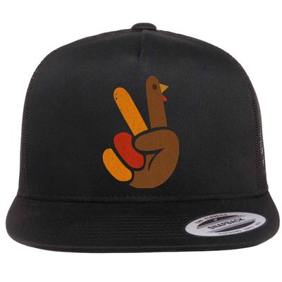 Peace Sign Turkey Hand Cool Thanksgiving Flat Bill Trucker Hat