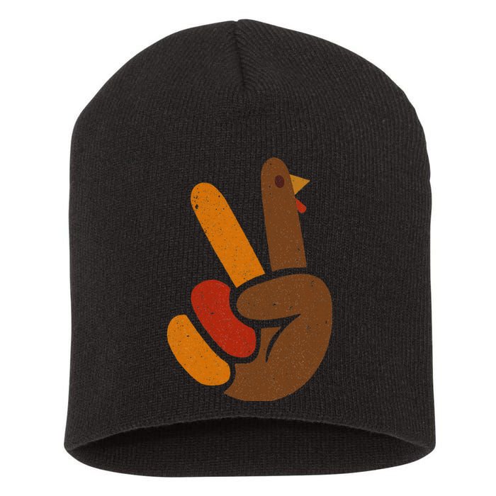 Peace Sign Turkey Hand Cool Thanksgiving Short Acrylic Beanie