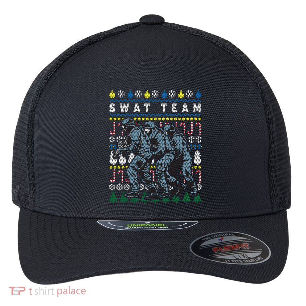 Police Swat Team Cute Gift Ugly Christmas Flexfit Unipanel Trucker Cap