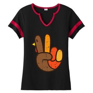 Peace Sign Turkey Hand Cool Thanksgiving Hippie Ladies Halftime Notch Neck Tee