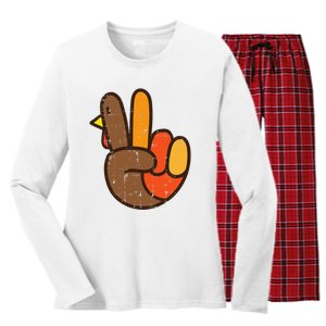 Peace Sign Turkey Hand Cool Thanksgiving Hippie Women's Long Sleeve Flannel Pajama Set 