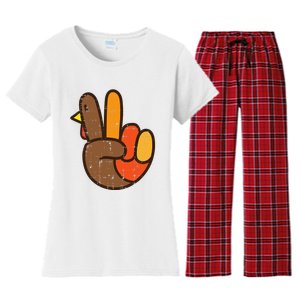 Peace Sign Turkey Hand Cool Thanksgiving Hippie Women's Flannel Pajama Set