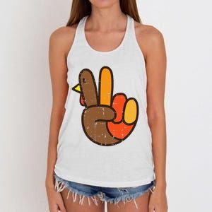 Peace Sign Turkey Hand Cool Thanksgiving Hippie Women's Knotted Racerback Tank