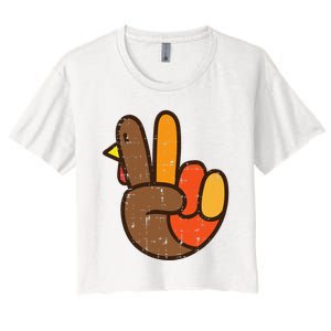 Peace Sign Turkey Hand Cool Thanksgiving Hippie Women's Crop Top Tee