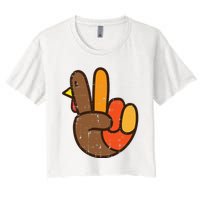 Peace Sign Turkey Hand Cool Thanksgiving Hippie Women's Crop Top Tee