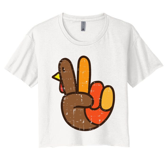 Peace Sign Turkey Hand Cool Thanksgiving Hippie Women's Crop Top Tee