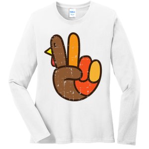 Peace Sign Turkey Hand Cool Thanksgiving Hippie Ladies Long Sleeve Shirt