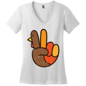 Peace Sign Turkey Hand Cool Thanksgiving Hippie Women's V-Neck T-Shirt