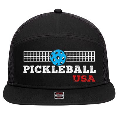 Pickleball Support The Team Pickleball Player USA Flag 7 Panel Mesh Trucker Snapback Hat