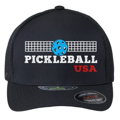 Pickleball Support The Team Pickleball Player USA Flag Flexfit Unipanel Trucker Cap