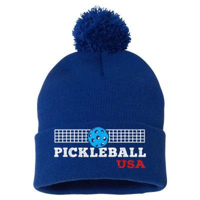 Pickleball Support The Team Pickleball Player USA Flag Pom Pom 12in Knit Beanie