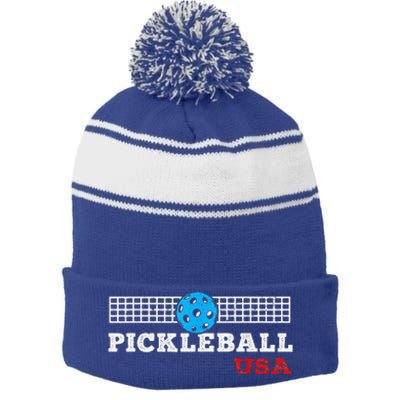 Pickleball Support The Team Pickleball Player USA Flag Stripe Pom Pom Beanie