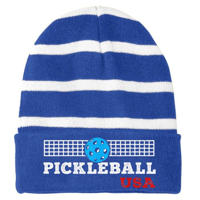 Pickleball Support The Team Pickleball Player USA Flag Striped Beanie with Solid Band