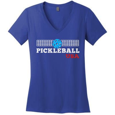 Pickleball Support The Team Pickleball Player USA Flag Women's V-Neck T-Shirt