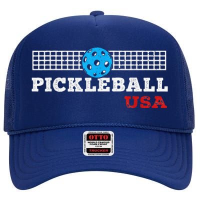 Pickleball Support The Team Pickleball Player USA Flag High Crown Mesh Back Trucker Hat