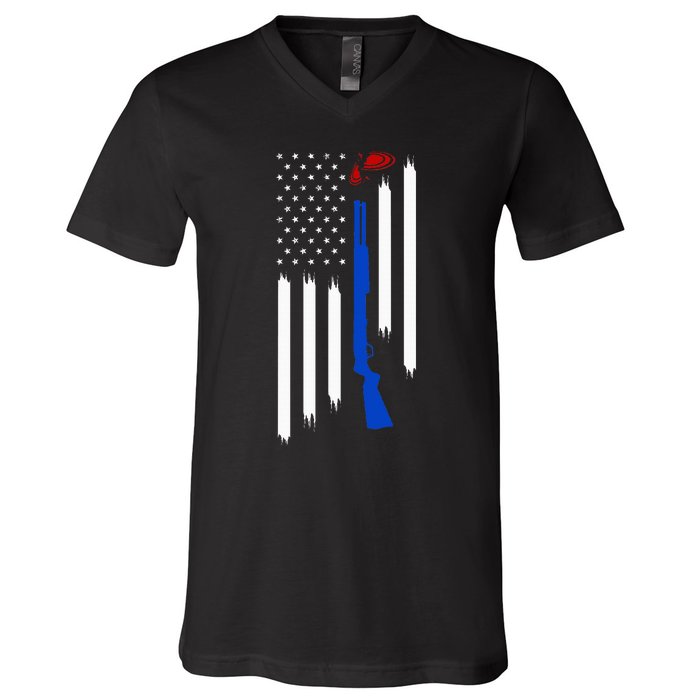 Patriotic Skeet Trap Clay Pigeon Shotgun Shooting V-Neck T-Shirt