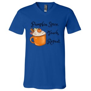 Pumpkin Spice Teach Repeat Fall Coffee Teacher Meaningful Gift V-Neck T-Shirt