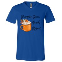 Pumpkin Spice Teach Repeat Fall Coffee Teacher Meaningful Gift V-Neck T-Shirt