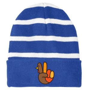 Peace Sign Turkey Hand Cool Thanksgiving Hippie Striped Beanie with Solid Band