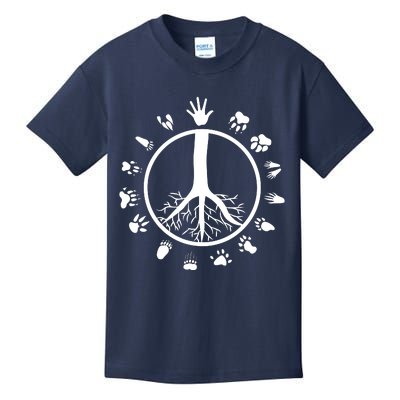 Peace Sign Tree Roots Animal Footprints Vegan Kids T-Shirt