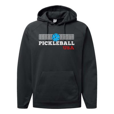 Pickleball Support The Team Pickleball Player Usa Flag Performance Fleece Hoodie