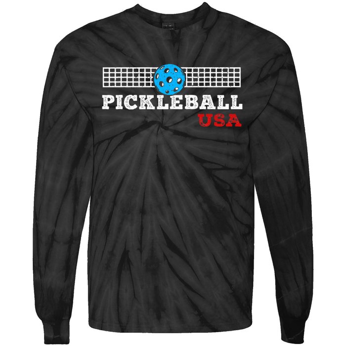 Pickleball Support The Team Pickleball Player Usa Flag Tie-Dye Long Sleeve Shirt