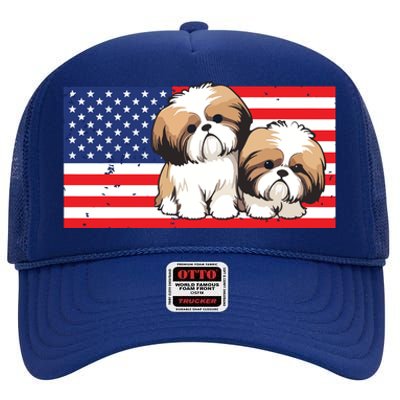 Patriotic Shih Tzu 4th Of July USA American Flag Dog Lover Premium High Crown Mesh Back Trucker Hat