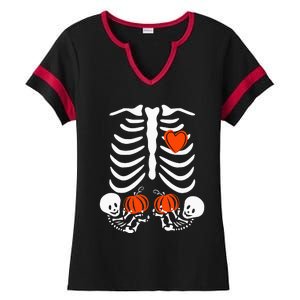 Pregnant Skeleton Twin Pregnancy Halloween Baby Announcement Ladies Halftime Notch Neck Tee