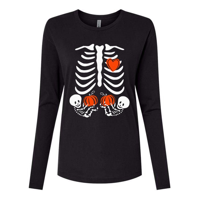 Pregnant Skeleton Twin Pregnancy Halloween Baby Announcement Womens Cotton Relaxed Long Sleeve T-Shirt