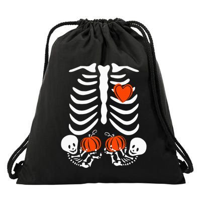 Pregnant Skeleton Twin Pregnancy Halloween Baby Announcement Drawstring Bag
