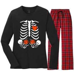 Pregnant Skeleton Twin Pregnancy Halloween Baby Announcement Women's Long Sleeve Flannel Pajama Set 