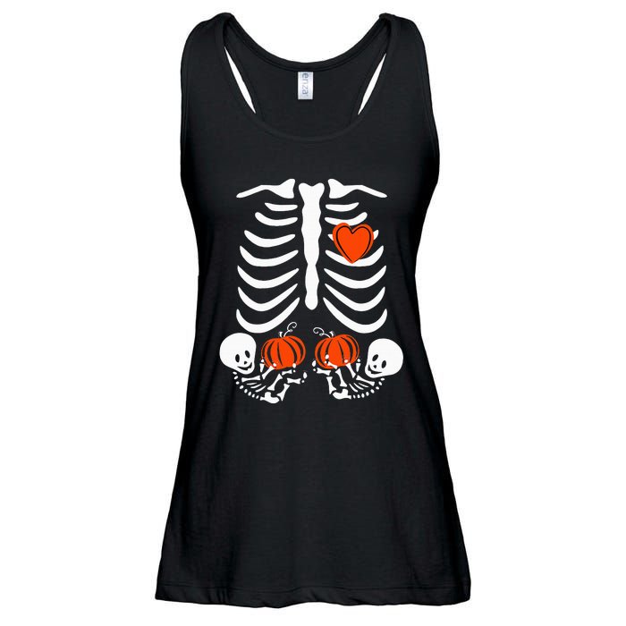 Pregnant Skeleton Twin Pregnancy Halloween Baby Announcement Ladies Essential Flowy Tank