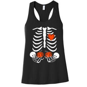 Pregnant Skeleton Twin Pregnancy Halloween Baby Announcement Women's Racerback Tank