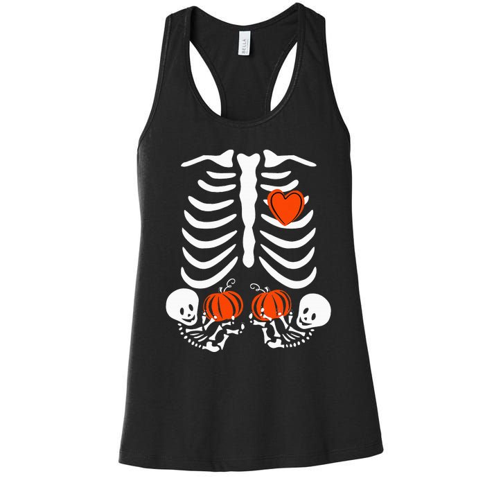 Pregnant Skeleton Twin Pregnancy Halloween Baby Announcement Women's Racerback Tank