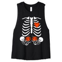 Pregnant Skeleton Twin Pregnancy Halloween Baby Announcement Women's Racerback Cropped Tank