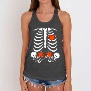 Pregnant Skeleton Twin Pregnancy Halloween Baby Announcement Women's Knotted Racerback Tank