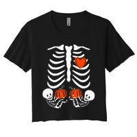 Pregnant Skeleton Twin Pregnancy Halloween Baby Announcement Women's Crop Top Tee