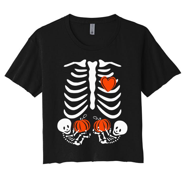 Pregnant Skeleton Twin Pregnancy Halloween Baby Announcement Women's Crop Top Tee