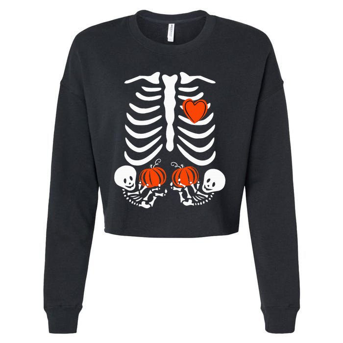 Pregnant Skeleton Twin Pregnancy Halloween Baby Announcement Cropped Pullover Crew