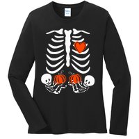 Pregnant Skeleton Twin Pregnancy Halloween Baby Announcement Ladies Long Sleeve Shirt